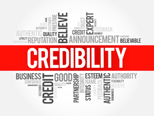 Credibility - objective and subjective components of the believability of a source or message, word cloud concept background