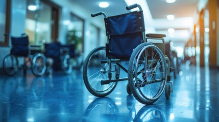 Obraz premium A wheelchair is parked in the hospital hallway, empty and waiting for its next use.