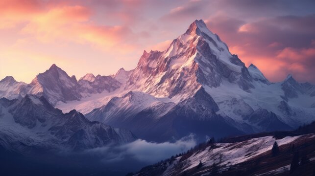Towering peaks against a pastel sky, showcasing the grandeur of nature and inducing a sense of peace