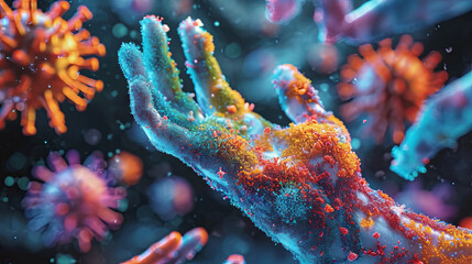 Cartoon microbe on the surface of human hand, Hygiene concept - obrazy, fototapety, plakaty