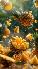 A multitude of pineapples is shown plummeting through the air.