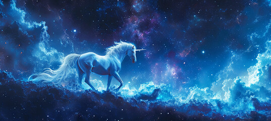 A unicorn is a mythical creature that symbolizes virtue, starry background
