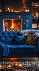 A blue couch is positioned in front of a fireplace in a living room setting.