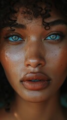 Fototapeta na wymiar Close-up of an African American woman with freckled hair and striking blue eyes.