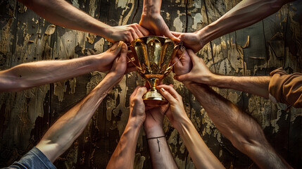 Fototapeta na wymiar A conceptual image of hands holding a golden trophy, symbolizing the collective effort and teamwork required for success