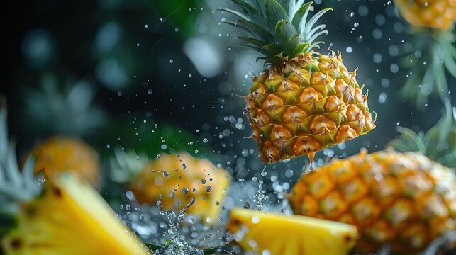 A ripe pineapple is seen falling through the air, about to land into a pile of other pineapples.