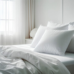 white bed with white pillows in white room closeup