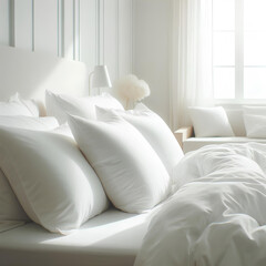 Fototapeta na wymiar white bed with white pillows in white room closeup