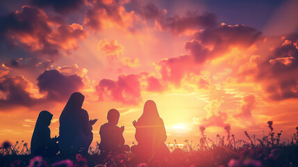 Family in Prayer at Sunset: Silhouettes against a Vivid Sky in a Field of Wildflowers - Spiritual Moments in Nature Stock Photo.