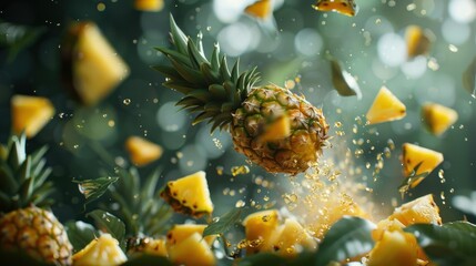 Obraz na płótnie Canvas A ripe pineapple is flying through the air surrounded by other pineapples. The main pineapple appears sliced and fresh.