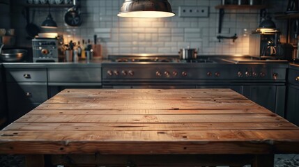 A wooden table sits in a kitchen under a bright light, creating a warm and inviting atmosphere.