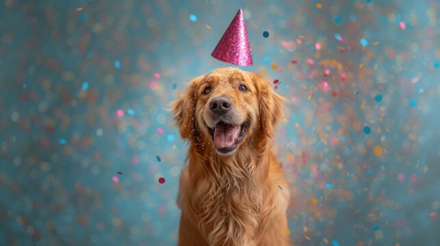 A dog in a festive cap with a cake and candles. Festive concept birthday card. Background with mud animals.
