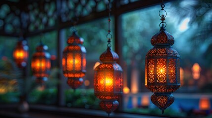 Obraz premium Ramadan holiday card with traditional symbols - month, mosque, lantern. Festive atmospheric background.