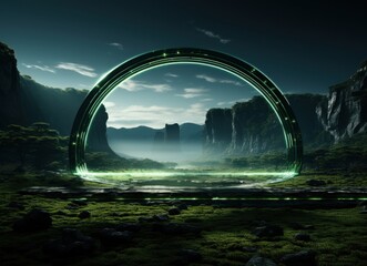 Surreal exterior. Fantastic landscape with geometric mirror and neon objects. Modern fantasy illustrations of unreal nature.