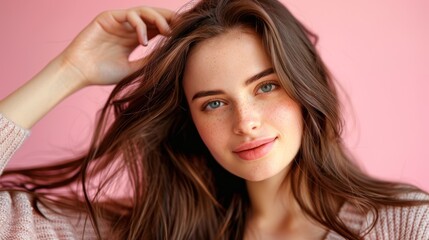 Fototapeta premium A young woman elegantly strikes a pose for a photograph, showcasing confidence and beauty.