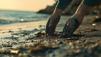A pair of hands tenderly cleaning up a polluted shoreline, emphasizing the significance