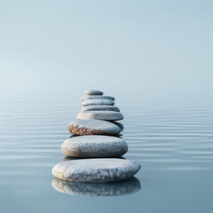 Aligned stones balancing over calm water, symbolizing tranquility, meditation, and harmony in a minimalist Zen setting