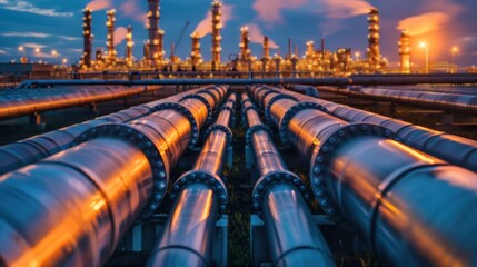 A vast oil refinery complex with numerous steel pipes, a hub of activity in the oil and gas industry. - obrazy, fototapety, plakaty