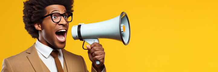 young shocked black man screams into megaphone on solid yellow background, banner with copyspace