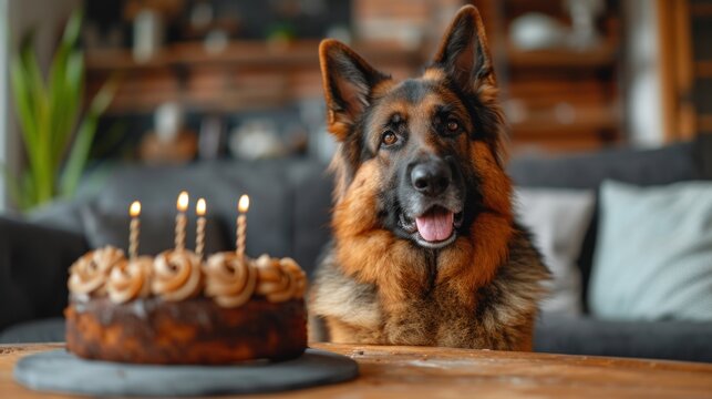 A dog in a festive cap with a cake and candles. Festive concept birthday card. Background with mud animals.