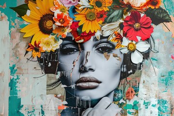 An art composition, a woman's face with flowers. Abstract collage of modern art, portrait of a young woman with flowers on her face hiding her eyes.
