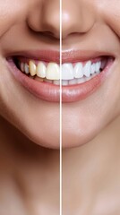 A visual guide showcasing a womans teeth before and after a professional whitening treatment. The comparison highlights the significant improvement in the teeths color and brightness.