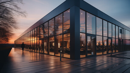 Modern office building at sunset with reflective glass facade.