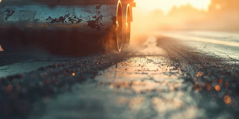 Foto op Canvas Asphalt Roller at Work. Close-up of asphalt compactor roller machine at work during road construction, texture of hot asphalt, copy space. © dinastya