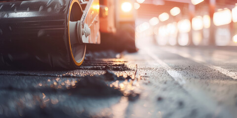 Asphalt Roller at Work. Close-up of asphalt compactor roller machine at work during road construction, texture of hot asphalt, copy space.