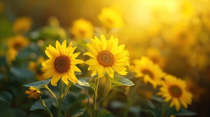 Fototapeta premium Sunflower field in warm sunshine