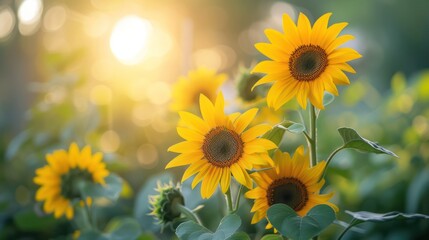 Sunflower field in warm sunshine - obrazy, fototapety, plakaty
