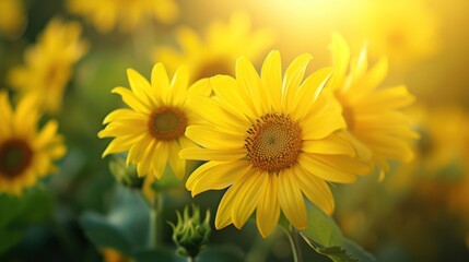 Obraz premium Sunflower field in warm sunshine