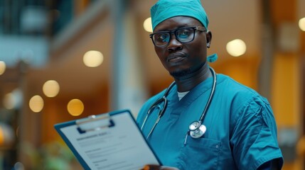 Close-up portrait of an African male surgeon dressed in scrubs, wearing a stethoscope, and holding...