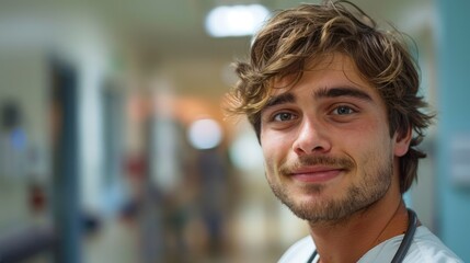 A young male nurse, wearing scrubs and holding a stethoscope, smiles while standing in a hospital hallway.