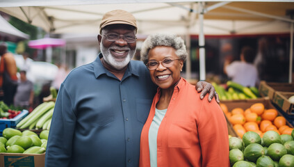 A cheerful African American senior couple navigate a bustling farmer's market, as they explore the delights of sustainable and healthy living in retirement.