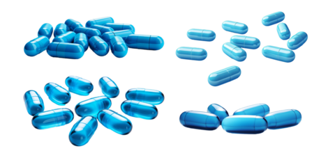 Collection of blue capsules pill isolated on a white background as transparent PNG