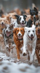 A group of dogs energetically running through the snow, showcasing their agility and speed in a wintery setting.