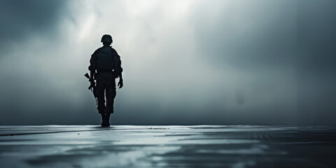 Soldier's Silhouette Against simple Background with copy space. Silhouette of a soldier, wearing military uniform.