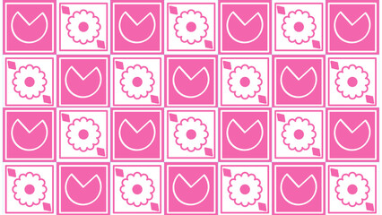 Abstract background in pink and white tones with a checkered pattern and flower