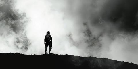 Soldier's Silhouette Against simple Background with copy space. Silhouette of a soldier, wearing military uniform.