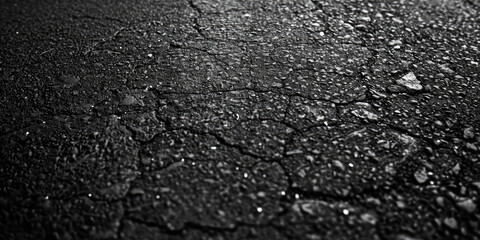 Textured Asphalt surface with copy space. A detailed black close-up texture of asphalt, rough surface and granular composition. - obrazy, fototapety, plakaty