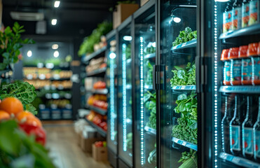 Refrigerator with fresh vegetables in the supermarket