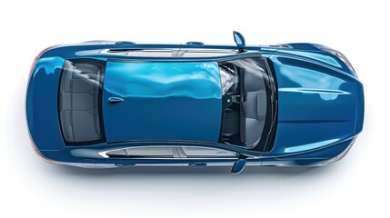 An overhead perspective of a modern blue sports car sedan captured from the top with a drone, showcasing the sleek design and vibrant color.