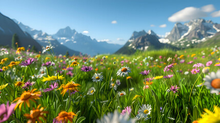 Obraz premium A panoramic view capturing a vast meadow adorned with a myriad of colorful wild flowers swaying gently in the breeze under a clear blue sky