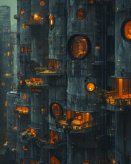 Futuristic city: 3d illustration of futuristic city with concrete structures and round windows for fantasy or science fiction backgrounds.