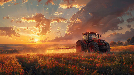 Tractor on field at sunset