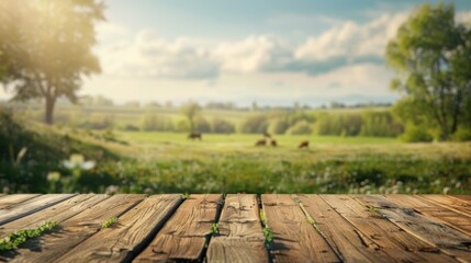 A wooden table set against a backdrop of a vast meadow field with grazing cows.