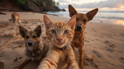Three dogs and a cat enjoying the beach, possibly taking a selfie shot together in a playful moment.
