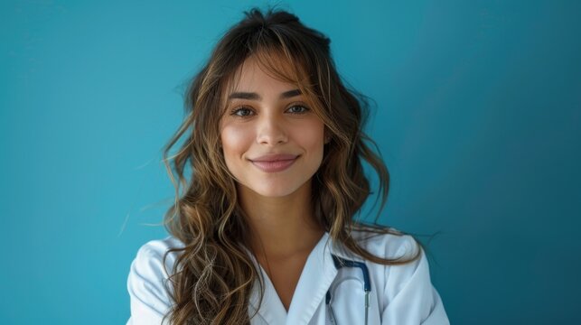 A beautiful Latin nurse is posing for a picture with a stethoscope, crossing her arms in front of a blue background.
