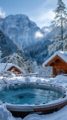 A hot tub nestled in a snowy landscape, surrounded by trees covered in snow during winter at a mountain ski resort.